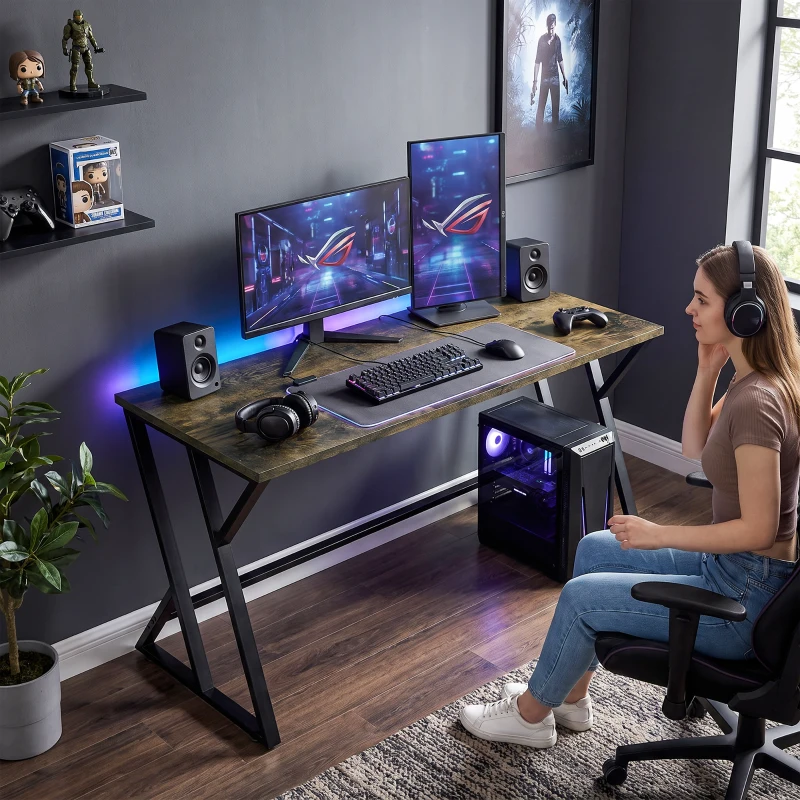 HOMCOM 55 Inch Computer Desk, Industrial Writing Desk with Z-Shaped Metal Leg, Study Table for Home Office, Rustic Brown