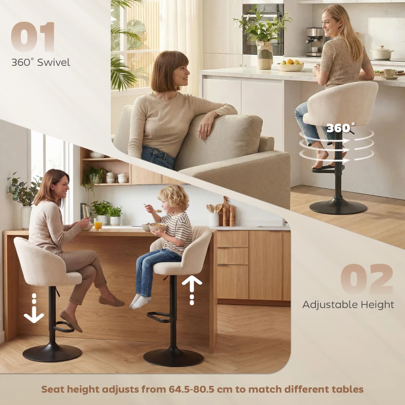 HOMCOM Modern Upholstered Adjustable Barstools with Swivel Seat, Linen Touch Fabric, Steel Frame, Footrest, ‎Beige