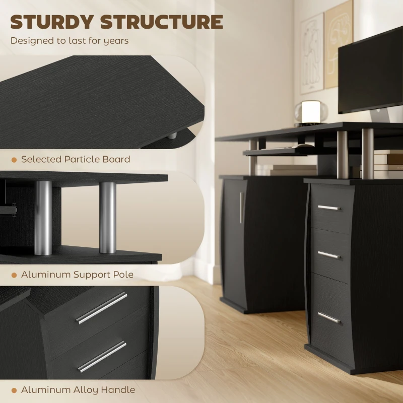 HOMCOM 47" Computer Desk with Keyboard Tray and Storage Drawers, Home Office Workstation Table with Storage Shelves, Black