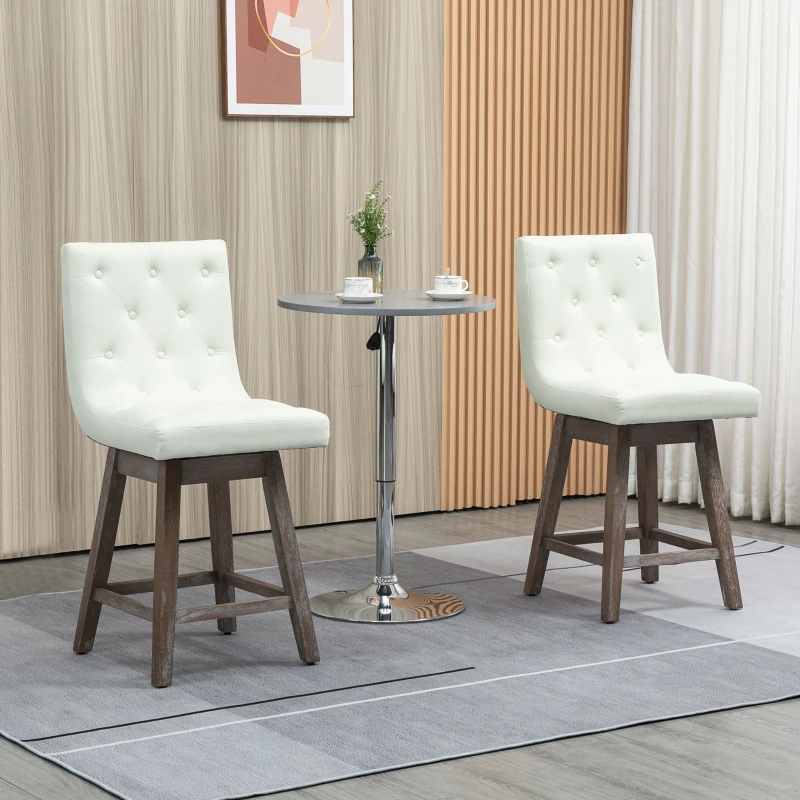 HOMCOM Counter Height Bar Stools, Swivel Bar Chairs, 25.5" High Fabric Tufted Breakfast Barstools for Kitchen, Set of 2, Cream White