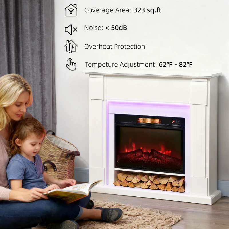 HOMCOM 41 Inch Electric Fireplace with Mantel, 1400W Fireplace Heater with Adjustable 3D Flame Effect for Living Room, White