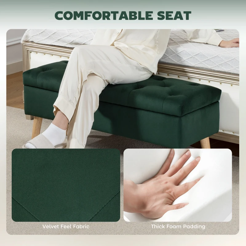 HOMCOM Storage Ottoman with Lid, Velvet Upholstered Storage Bench with Wood Legs for Living Room, Dark Green