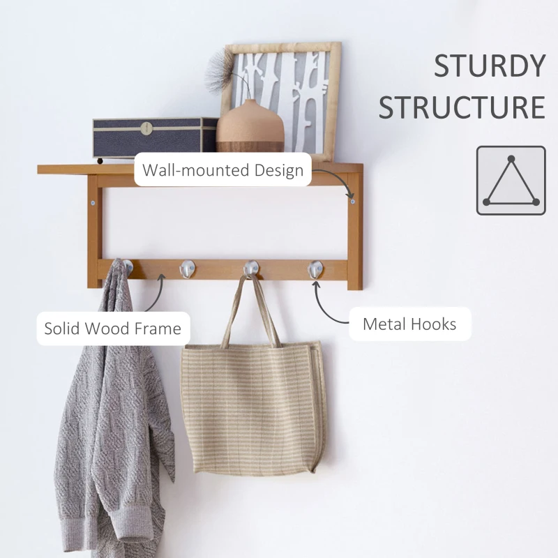 HOMCOM 20" Wall-mounted Entryway Coat Rack Bamboo Wall Shelf Organizer with 4 hooks