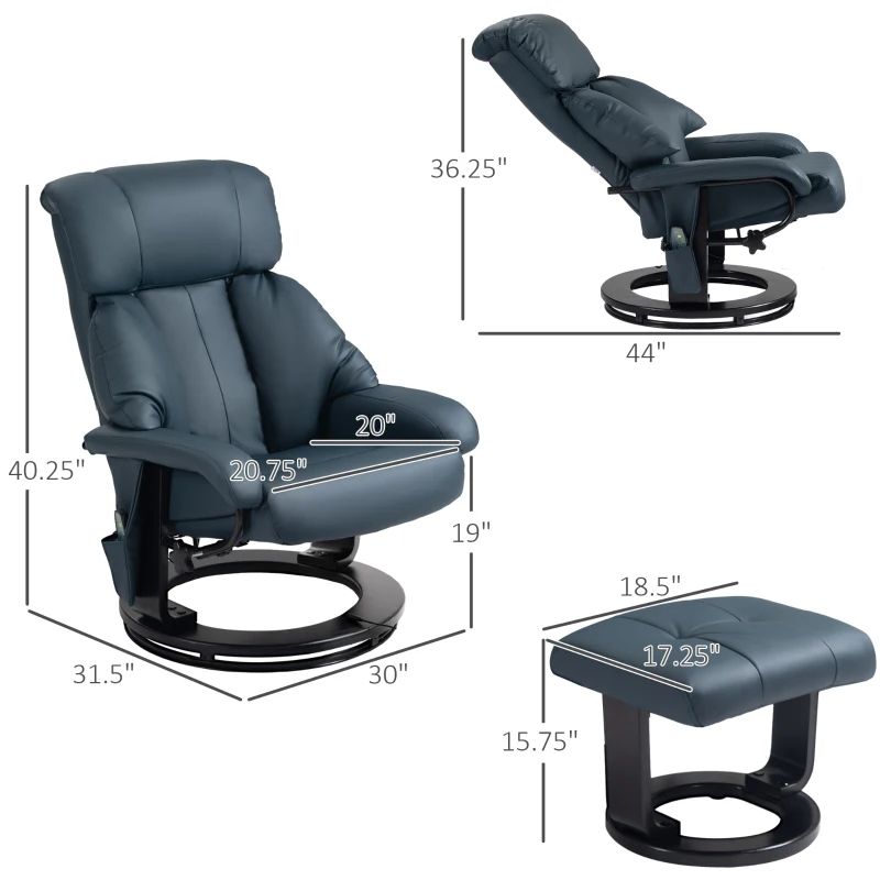 HOMCOM Swivel Recliner with Ottoman, Faux Leather Reclining Chair with Massage, Footstool Remote and Side Pocket, Blue
