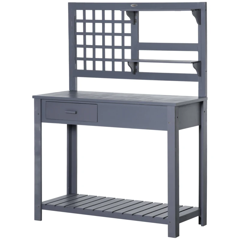 Outsunny Potting Bench Table, Garden Work Bench, Outdoor Wooden Workstation with Tiers of Shelves and Drawer, Grey