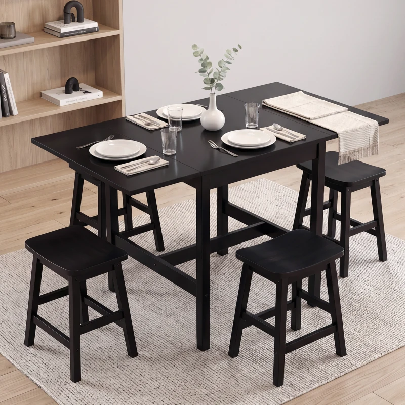 HOMCOM Solid Wood Kitchen Table, Drop Leaf Tables for Small Spaces, Folding Dining Table, Black