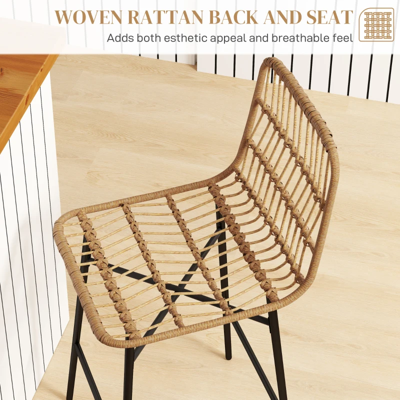 HOMCOM Rattan Counter Bar Stools Set of 2, 26" Counter Height Barstools with Back, Bar Chairs for Kitchen Island, Brown