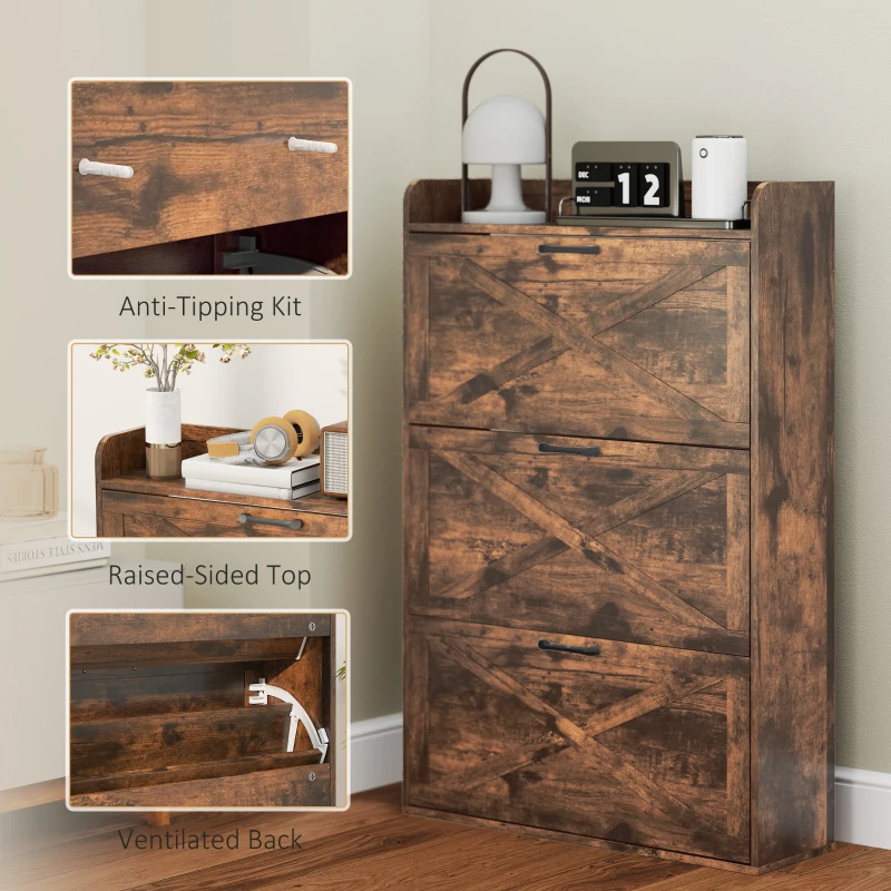 HOMCOM Narrow Shoe Storage Cabinet Farmhouse Shoe Cabinet with 3 Flip Drawers Adjustable Shelves for Entryway Rustic Brown