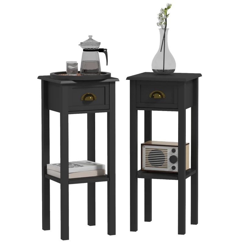 HOMCOM 2-Tier Side Tables Set of 2 with Drawer and Shelf, 2 Pieces End Tables for Living Room and Hallway, Black