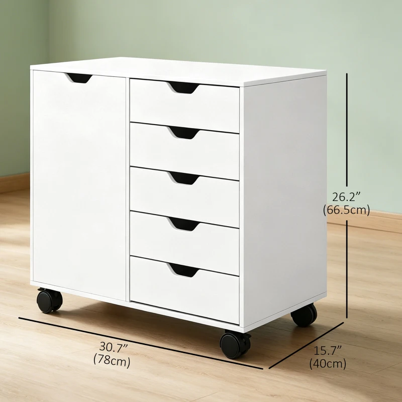 HOMCOM Mobile Filing Cabinet with 5 Drawers, Door and Adjustable Shelf, Rolling File Cabinet, Printer Table for Study