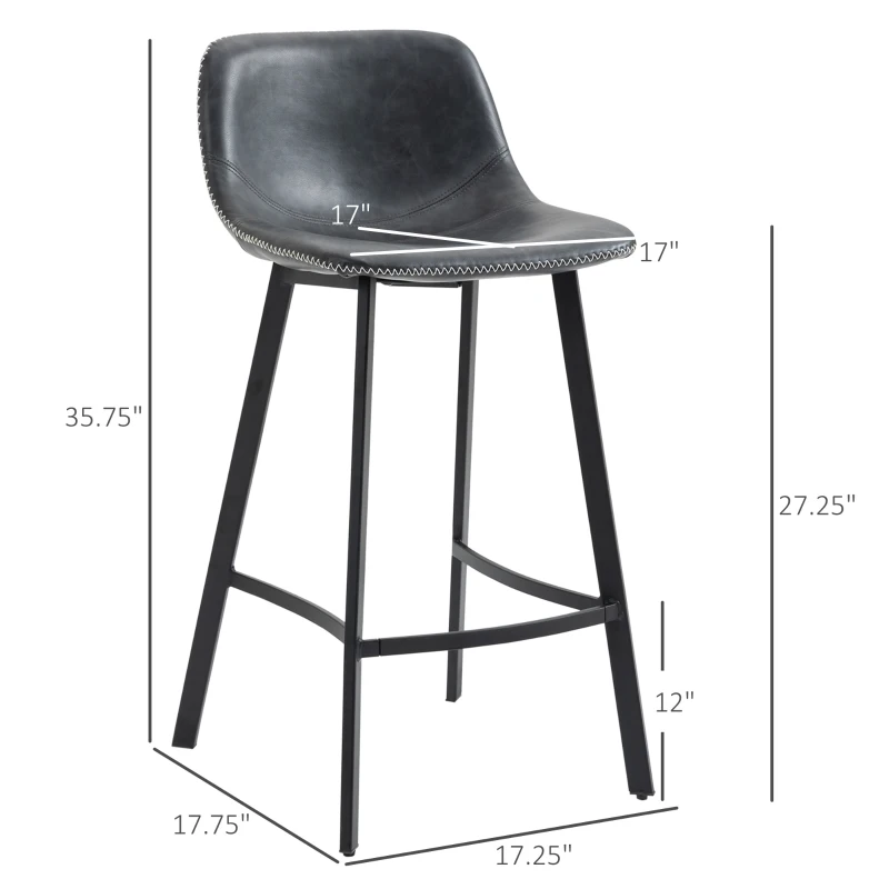 HOMCOM 27.25" Counter Height Bar Stools, Industrial Kitchen Stools, Upholstered Armless Bar Chairs with Back, Steel Legs, Set of 4, Black