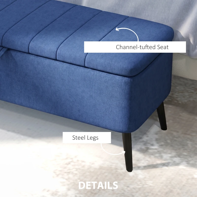 HOMCOM 40" Ottoman with Storage, Linen Upholstered Storage Ottoman Bench with Steel Legs for Living Room, Bedroom Dark Blue
