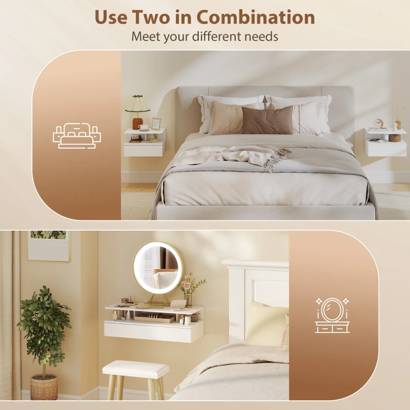 HOMCOM Floating Nightstand Set of 2, Wall Mounted Bedside Table with Drawer and Shelf, Small Night Stand for Bedroom, White