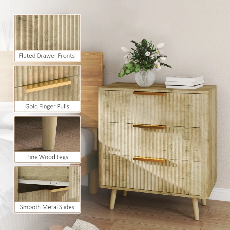 HOMCOM Fluted Chest of Drawers, Modern 3 Drawer Dresser with Pine Wood Legs, Finger Pulls for Closet, Living Room, Hallway, Oak