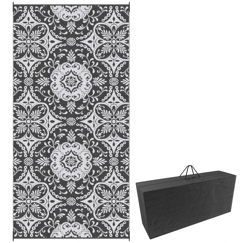 Outsunny Portable Outdoor Rug with Carry Bag, 9' x 18' Reversible Mat, Waterproof Plastic Straw RV Rug for Backyard, Deck, Picnic, Beach, Camping, Gray & White Flower