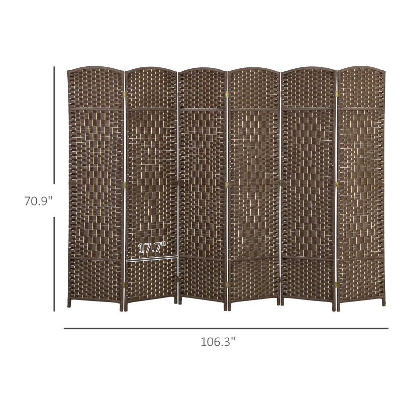 HOMCOM Folding Room Divider Screen 6 Panel 6' Tall Privacy Screen Freestanding Wood Partition for Home Office, Brown
