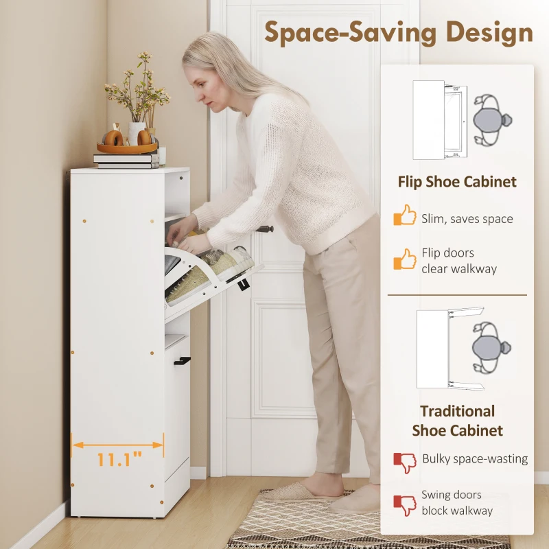 HOMCOM Shoe Cabinet 2 Flip Drawers Adjustable Dividers Shoe Storage Cabinet Top Shelf Entryway White
