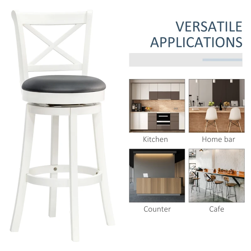HOMCOM Traditional Bar Height Bar Stool, 31 Inch Seat Height Barstool, Swivel PU Leather Upholstered Chair, with Cross Back and Rubberwood Frame, Set of 3, Cream White