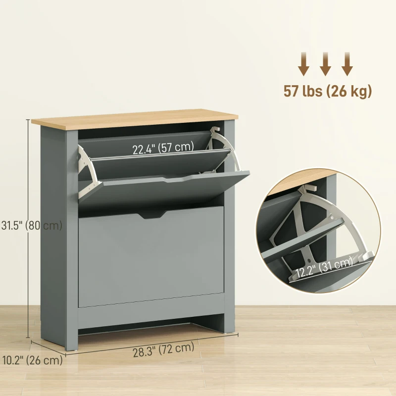 HOMCOM Shoe Storage Cabinet with 2 Flip Drawers and Adjustable Shelves for 8–12 Pairs of Shoes, Light Grey