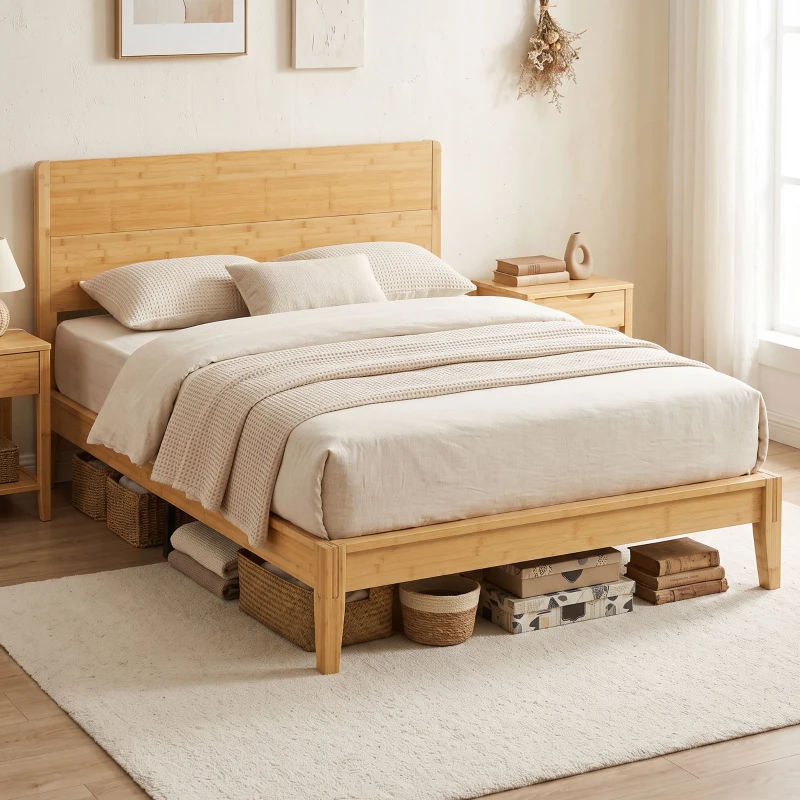 HOMCOM Queen Size Bamboo Platform Bed Frame with Headboard and 12 Poplar Slats, No Box Spring Needed, Easy Assembly, Natural