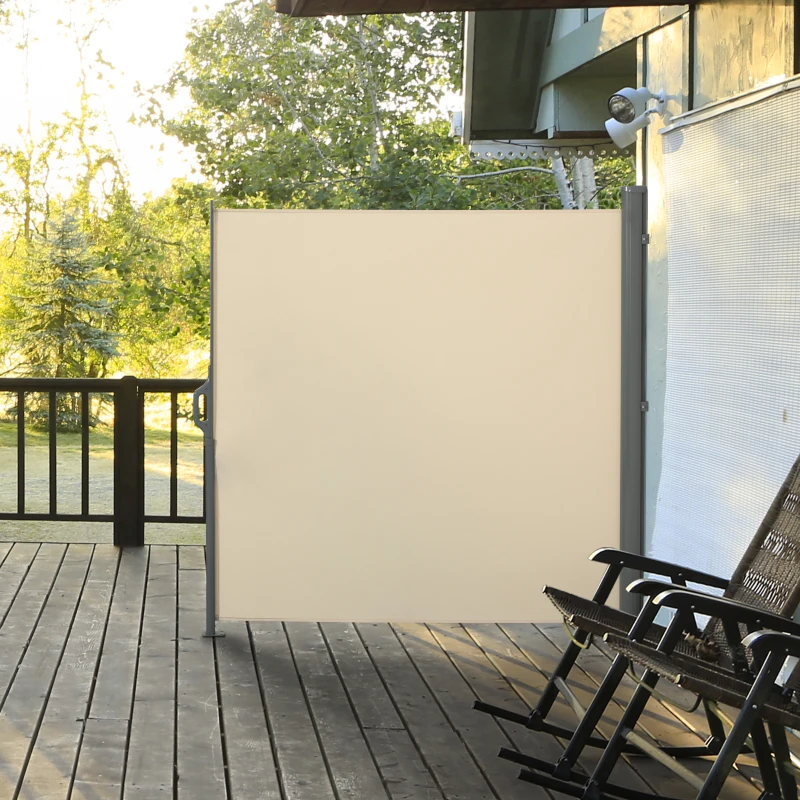 Outsunny 10' Retractable Folding Patio Privacy Side Awning with 50+ UV Protection, 2 Wall Brackets, & Polyester, White