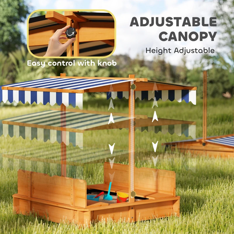 Outsunny Wooden Kids Sandbox with Cover, Sand Play Station with Foldable Bench Seats and Adjustable Canopy, Red