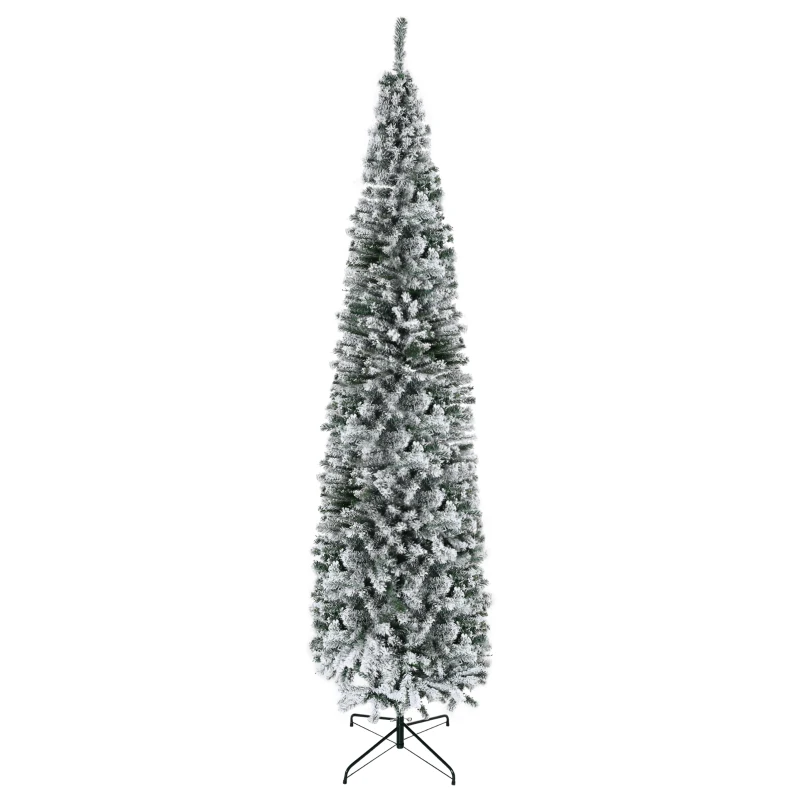 HOMCOM 9ft Flocked Christmas Tree, Pencil Christmas Tree with Realistic Branch Tips, Folding Metal Stand, Green