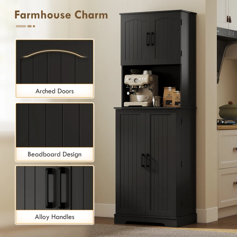 HOMCOM 71.5" Tall Pantry Cabinet, Farmhouse Kitchen Storage Cabinet with Adjustable Shelves, 8 Door Spice Racks, Black
