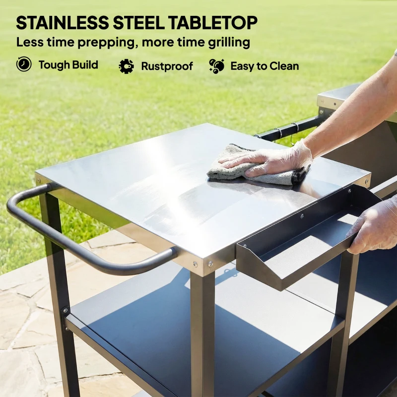 Outsunny Grill Table for Big Green Egg Grill, Heavy Duty Metal BBQ Prep Table with Stainless Steel Top and Storage Cabinet, Black