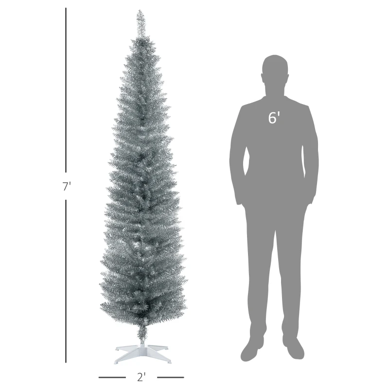 HOMCOM 7ft Unlit Pencil Artificial Christmas Tree with Realistic Branches and 499 Tips, Plastic Base, Silver