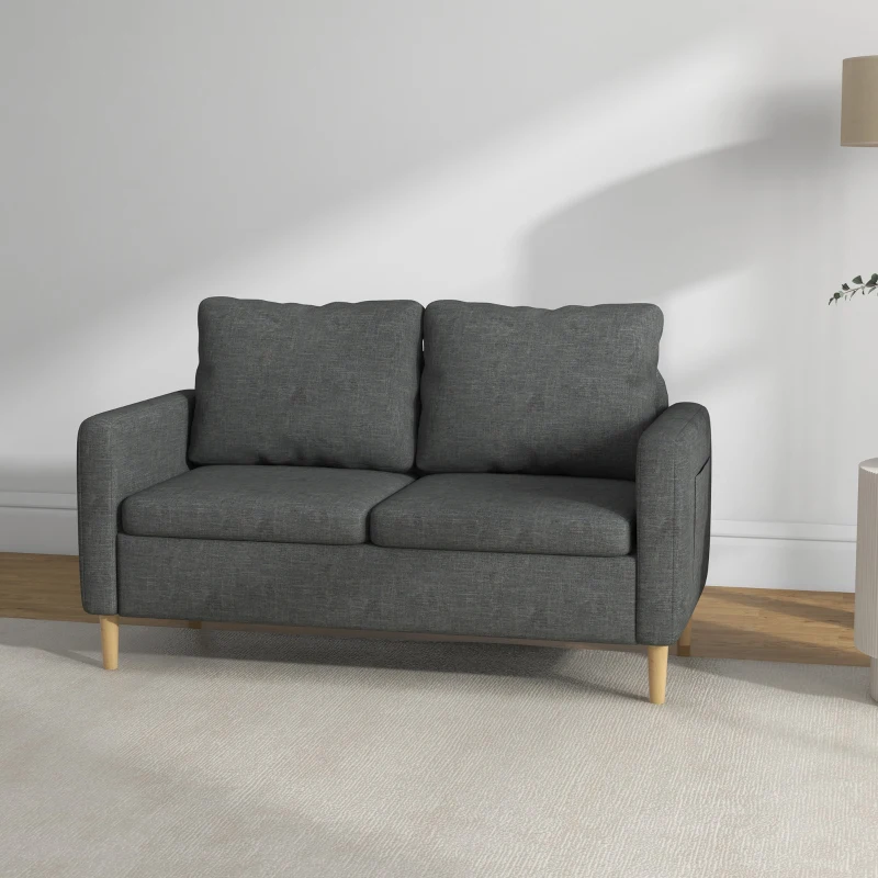 HOMCOM 56" 2 Seat Sofa, Modern Love Seats Furniture, Upholstered 2 Seater Couch with Side Pockets, Solid Wood Frame, Grey