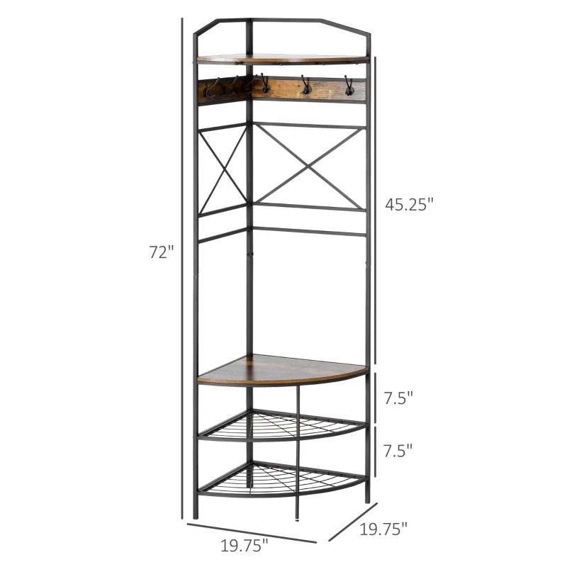 HOMCOM Industrial Corner Hall Tree with Shoe Bench, Entryway Coat Rack, Freestanding Coat Tree with 6 Double Hooks, Rustic Brown