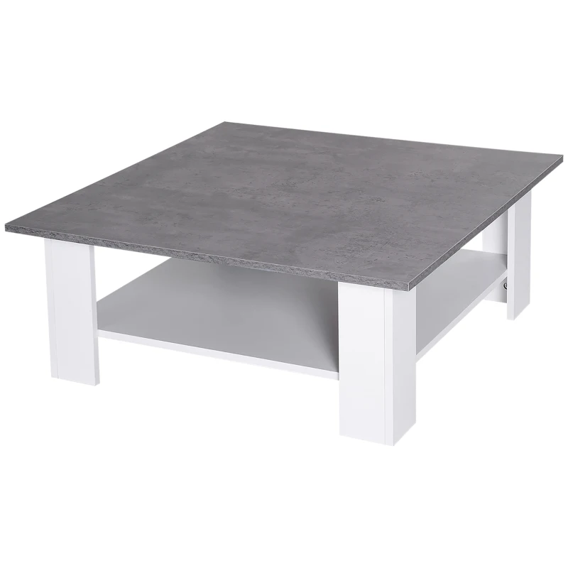 HOMCOM Square Coffee Table with Storage Shelf and Cement-like Tabletop for Living Room, White