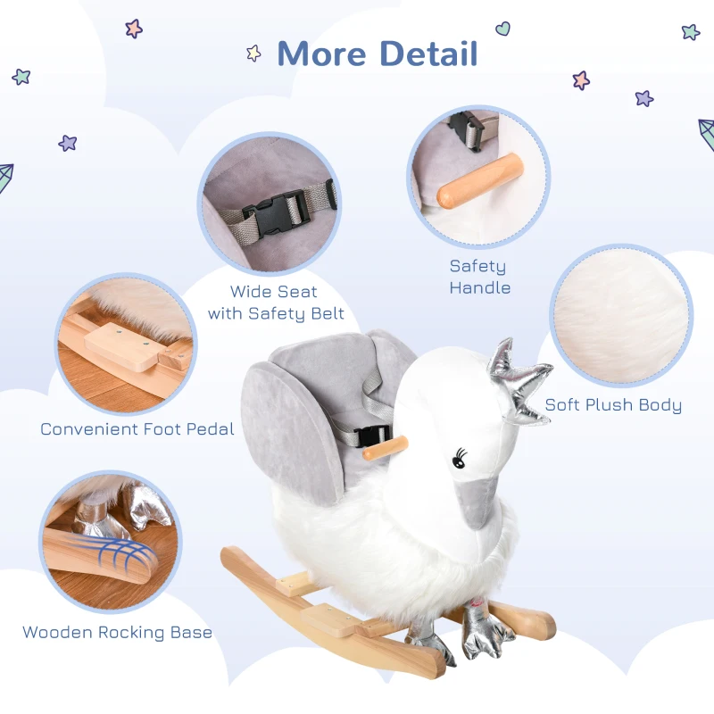 Qaba Kids Ride on Horse Swan Rocker with Sound, Plush Seat, Wooden Base, Safety Belt for Toddlers 18-36 Months, White