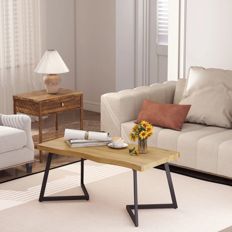 HOMCOM Coffee Table Curved Thick Top Living Room Accent Table Black Metal Legs, 39.4" x 19.7" x 17.7", Oak
