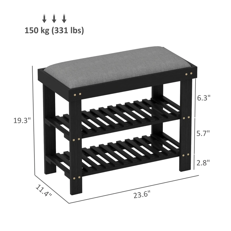 HOMCOM Bamboo Shoe Storage Bench, 3-Tier Entryway Bench with Cushion, Shoe Organizer for Entryway, Hallway, Black