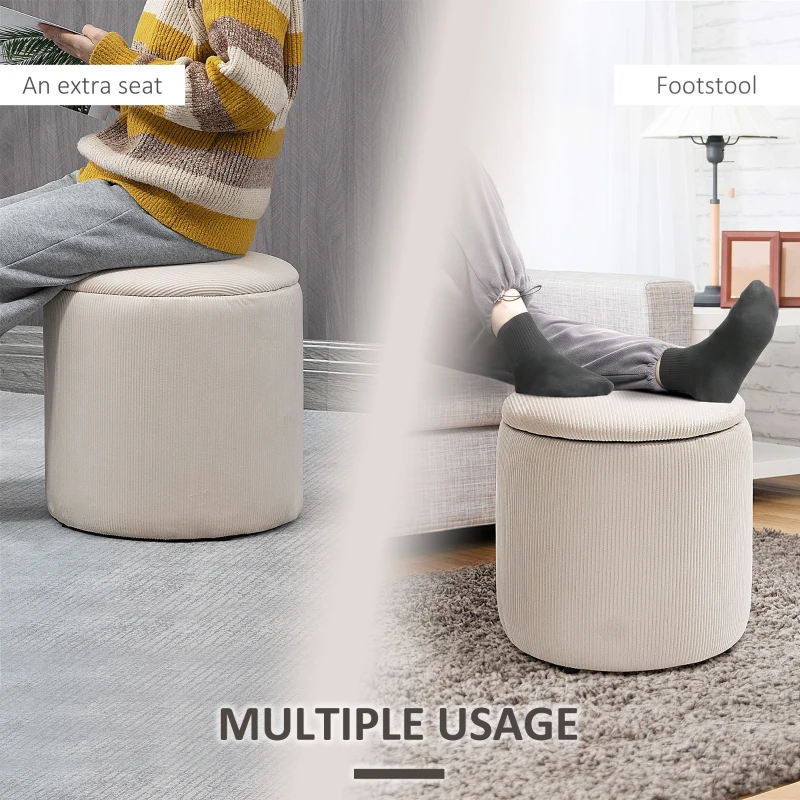 HOMCOM Corduroy Stool, Ottoman with Storage Set of 2, Removable Wood Lid, Hidden Space, Cream White
