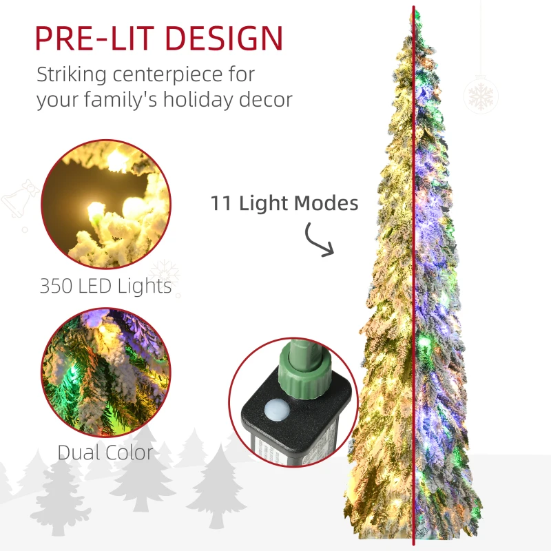HOMCOM 7' Artificial Slim Christmas Trees, with Snow Frosted Branches, Warm White or Colorful LED Lights, Downswept Shape