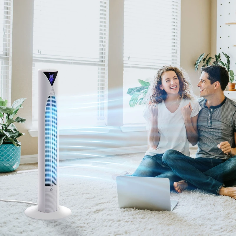 HOMCOM 38 Inch Tower Fan for Bedroom Cooling, 70°Oscillating Fan with 3 Speeds, 12H Timer, and Remote Control, Standing Floor Fan for Home Office, White
