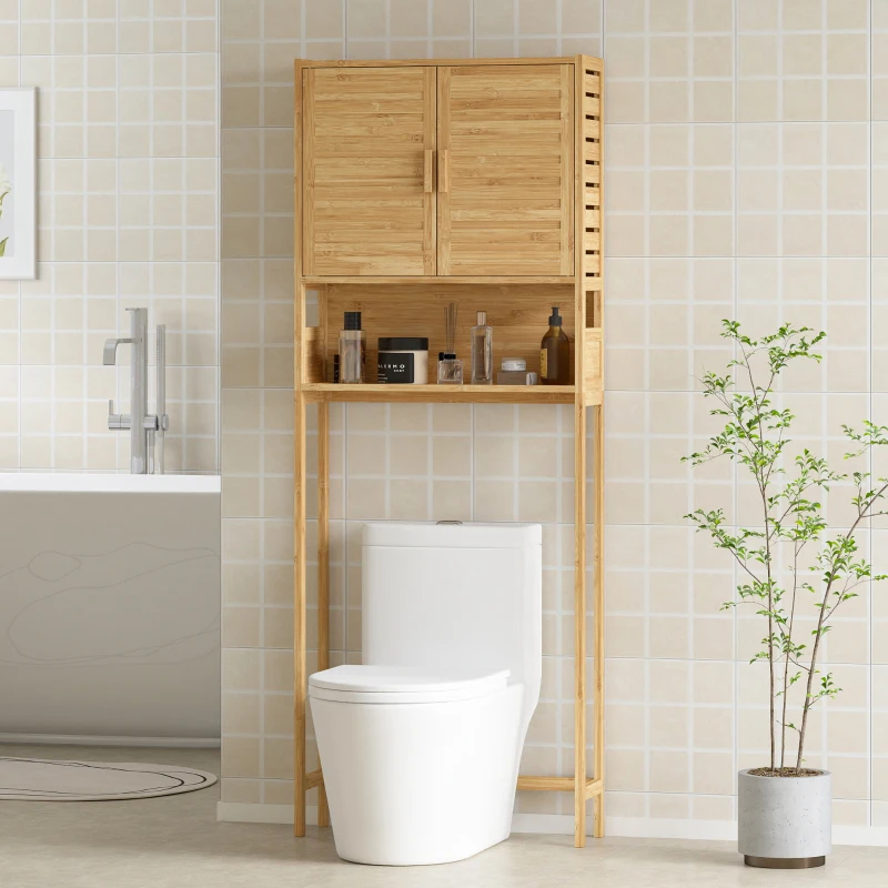 HOMCOM Over The Toilet Storage Shelf, Bathroom Organizer with 2 Doors, Open Compartment and Adjustable Shelf, Natural