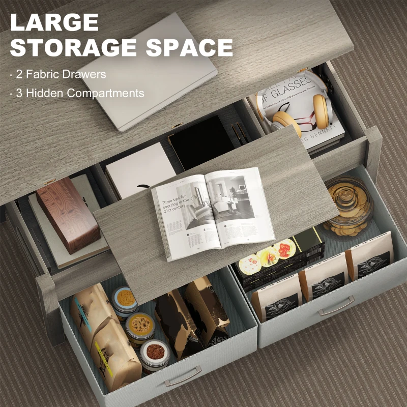 HOMCOM Lift Top Coffee Table, Center Table with 3 Hidden Compartments, 2 Fabric Drawers, Expandable Top and Charging Station