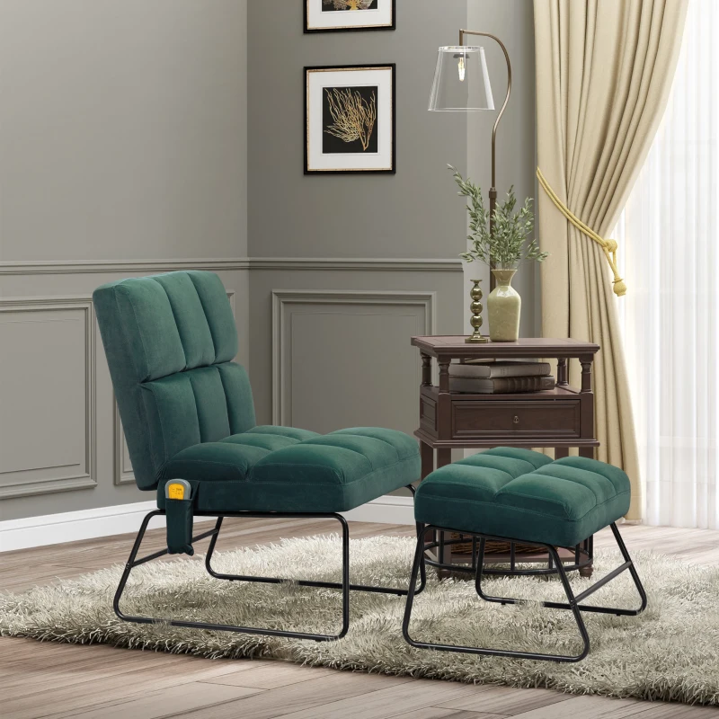 HOMCOM Accent Chair with Ottoman, Velvet Club Chair with Vibration Massage, Remote Control and Metal Legs for Living Room, Bedroom, and Home Office, Green