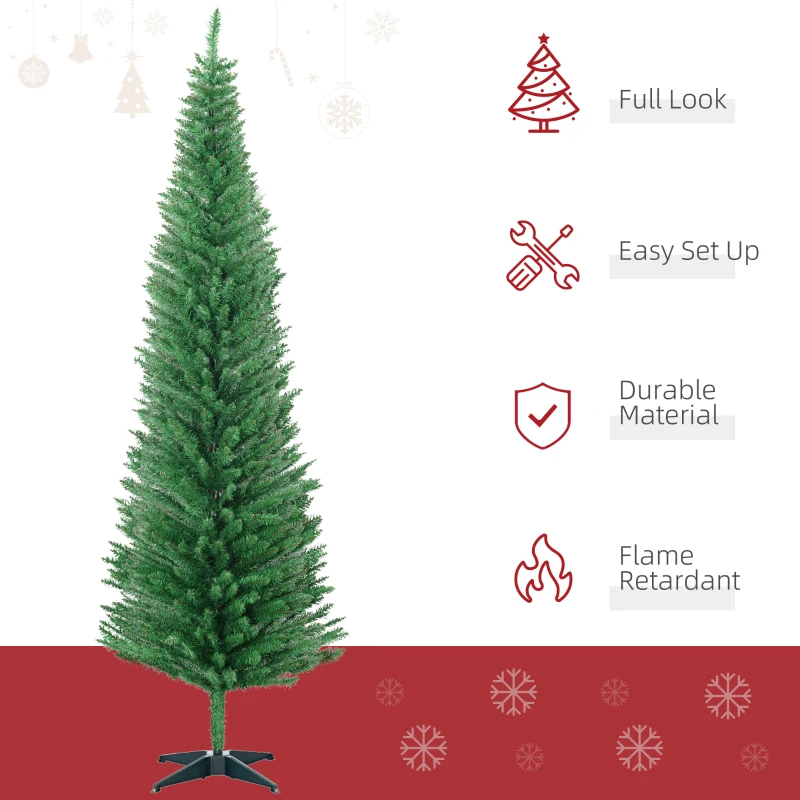 HOMCOM 7ft Unlit Pencil Artificial Christmas Tree with Realistic Branches and 499 Tips, Plastic Base, Light Green
