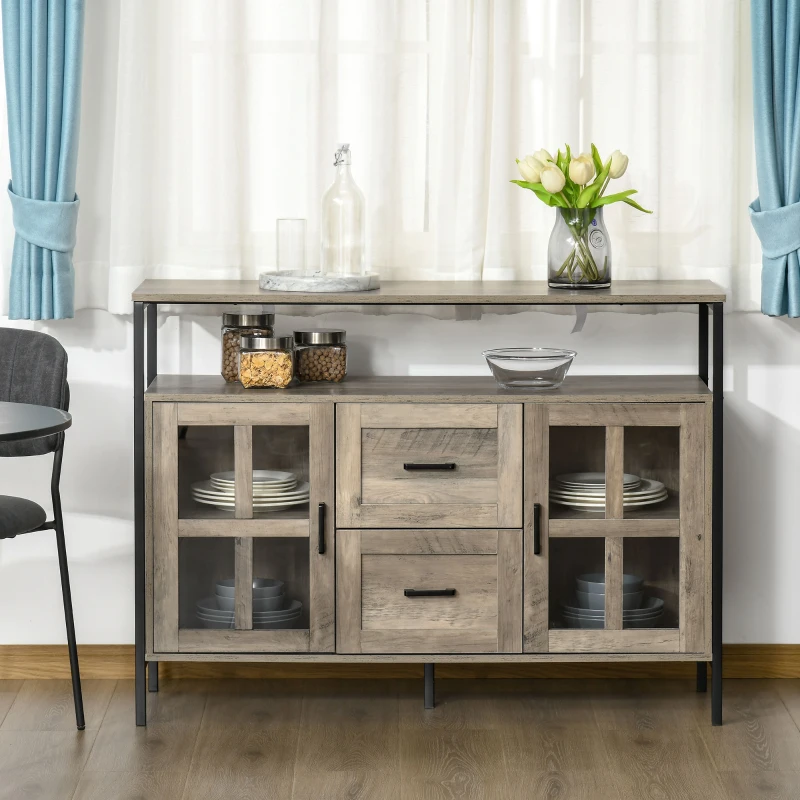HOMCOM Industrial Sideboard Buffet Cabinet, Coffee Bar Cabinet with Adjustable Shelves, Glass Doors, and 2 Drawers for Kitchen, Living Room, Gray