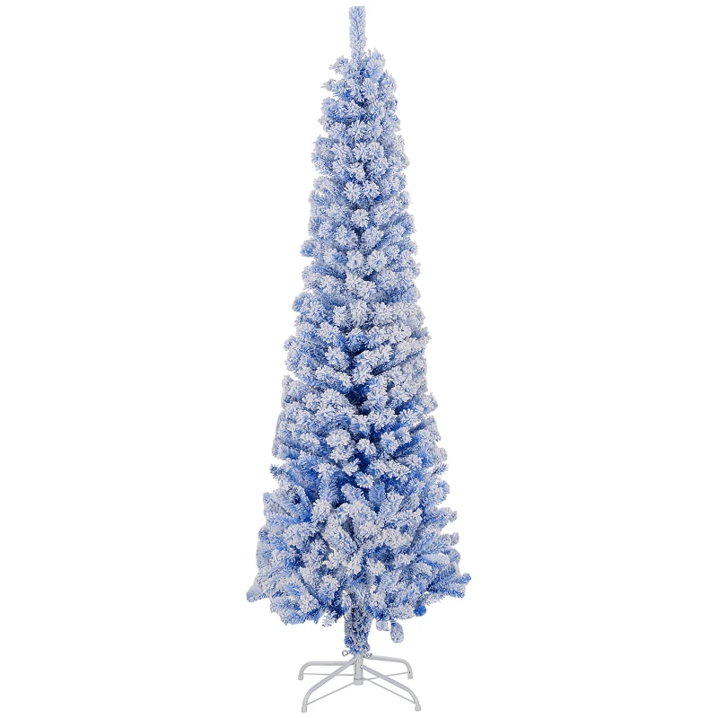 HOMCOM 6ft Flocked Christmas Tree, Pencil Christmas Tree with Realistic Branch Tips, Folding Metal Stand, Blue