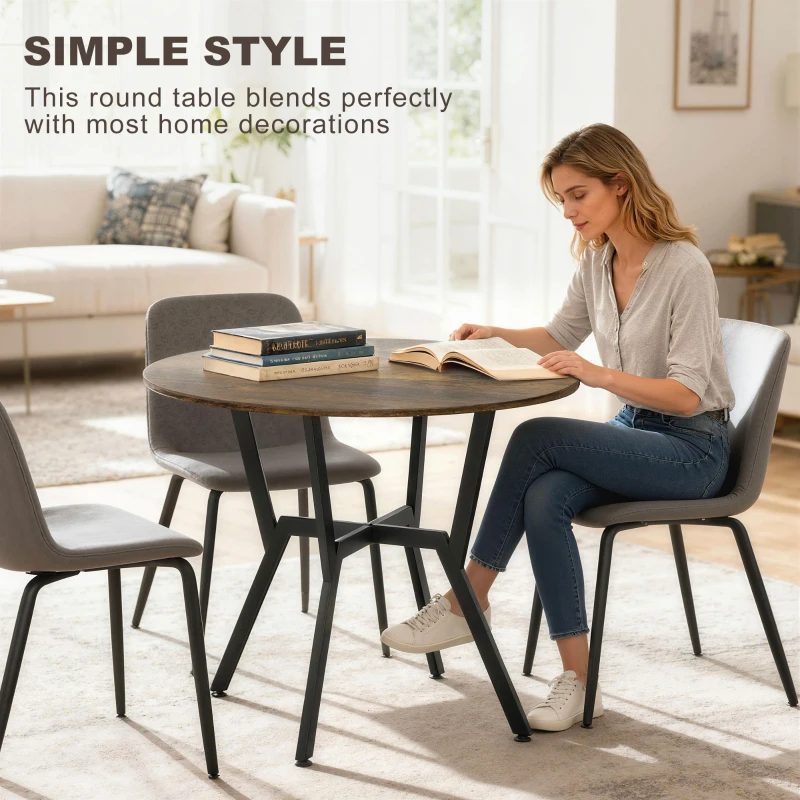 HOMCOM 35" Round Dining Table, Modern Dining Room Table with Steel Frame, Space Saving Small Kitchen Table, Rustic Brown