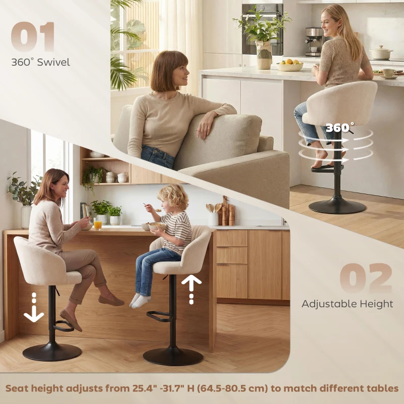 HOMCOM Bar Stools Set of 2, Swivel Counter Height Barstools with Back, Footrest, Adjustable Height, Beige