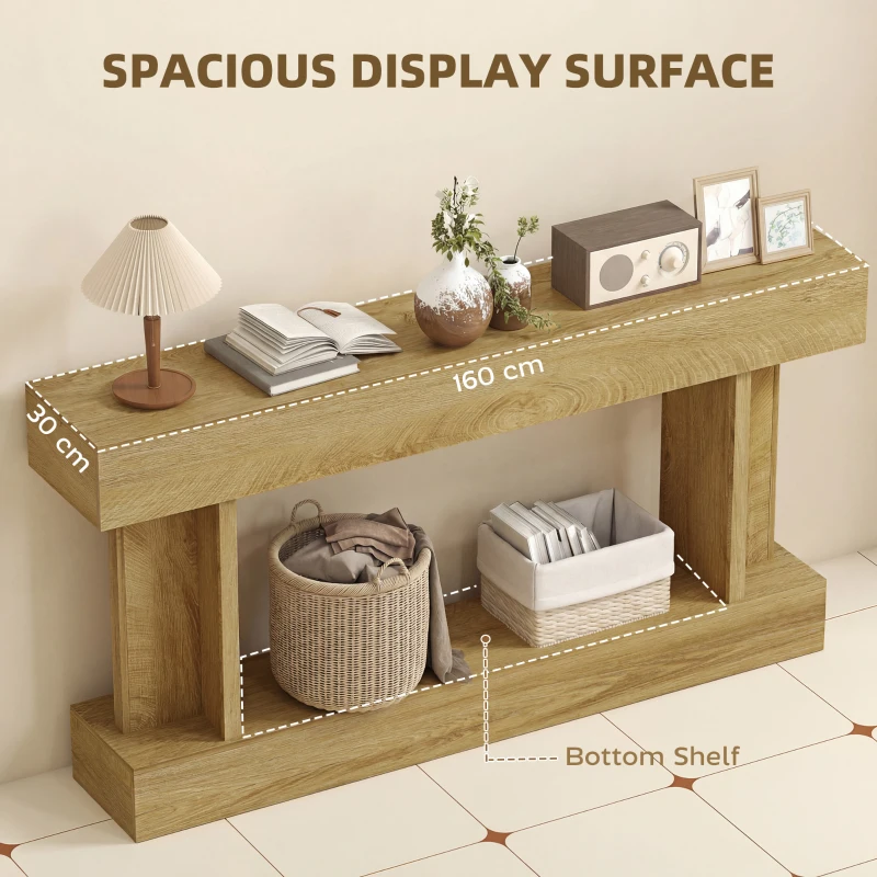 HOMCOM 63 Inch Long Console Table, Vintage Narrow Entryway Table with Storage Shelf for Living Room and Hallway, Oak