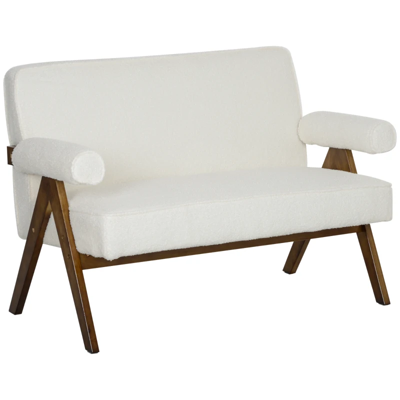 HOMCOM Boucle Fabric 2 Seater Sofa, Small Sofa Loveseat with Thick Padding and Wood Legs, Cream White