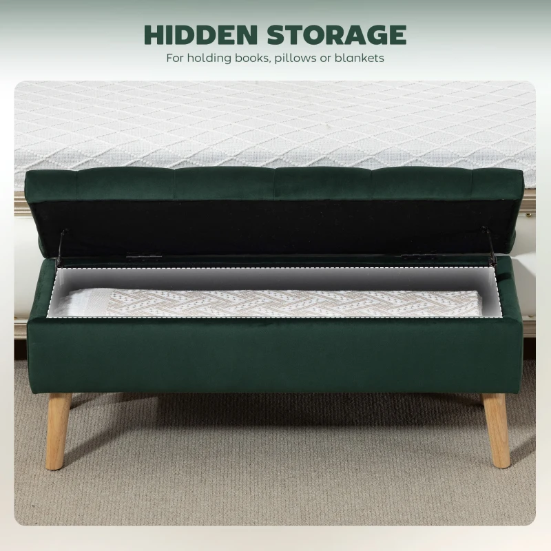 HOMCOM Storage Ottoman with Lid, Velvet Upholstered Storage Bench with Wood Legs for Living Room, Dark Green